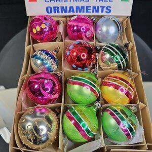Vintage Christmas Ornament Balls Baubles Round Glass Estimated 1950s Set Of 12